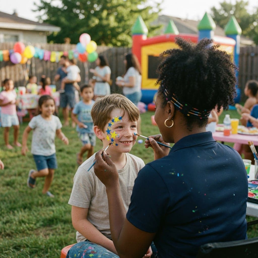 A face painter carefully paints yellow stars on a smiling boy's cheek at a backyard party with a bounce house behind them
