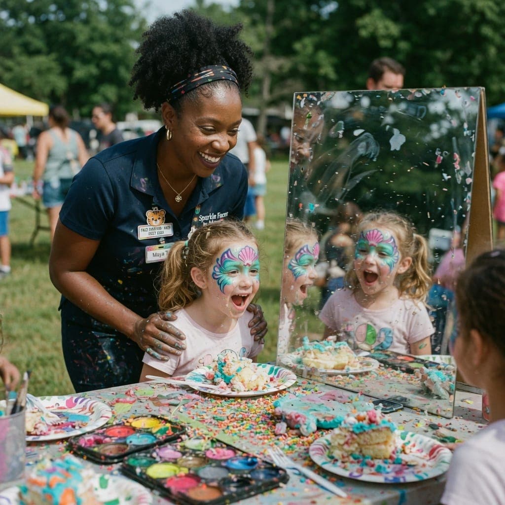 A little girl bursts out laughing at her colorful face paint in a mirror while eating birthday cake