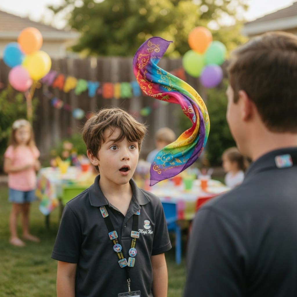 A magician sends a rainbow silk scarf floating through the air as a wide-eyed boy watches in amazement