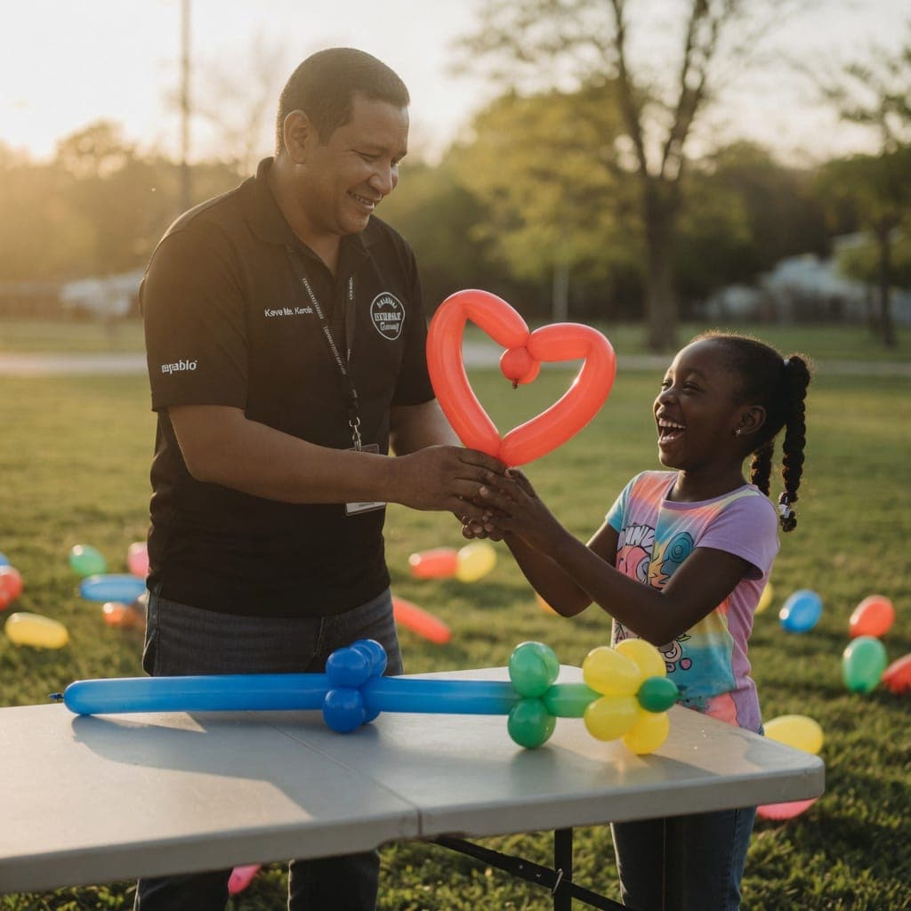 A balloon artist presents a bright red balloon heart to a girl bursting with laughter at golden hour