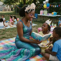 A costumed mermaid character reading a birthday storybook to a delighted girl in a birthday hat