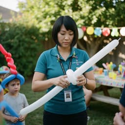 A balloon twister at work as kids in freshly twisted balloon hats look on at a backyard party