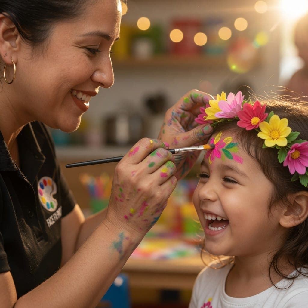 A face painter laughs while painting flowers on a delighted flower-crowned girl's forehead in warm golden light