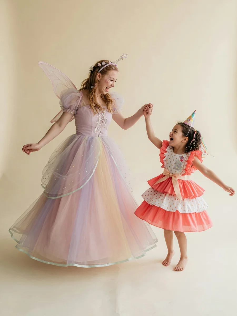 A fairy princess entertainer twirls hand-in-hand with a delighted little girl on a warm cream studio backdrop