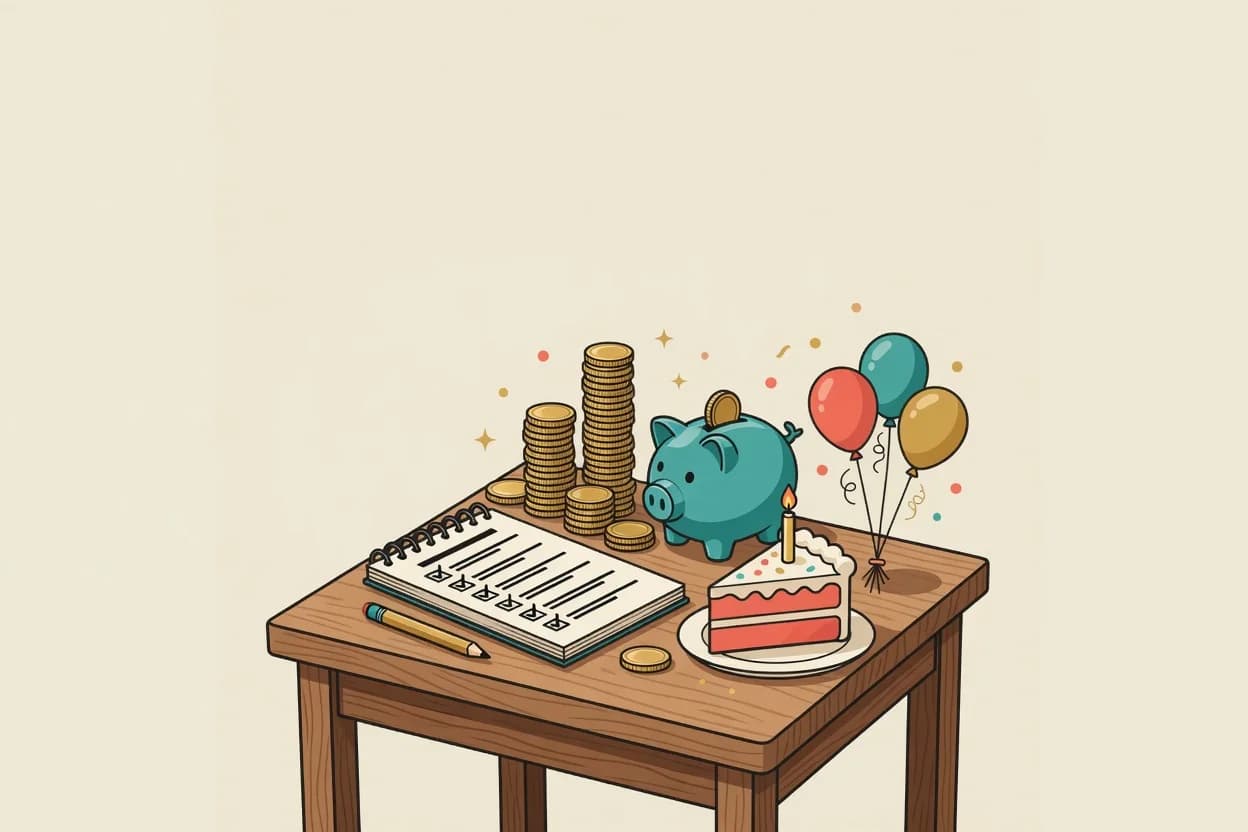Illustration of a parent budgeting a kids birthday party at a kitchen table: a calculator, a shopping list, balloons, a cake and party favor bags laid out