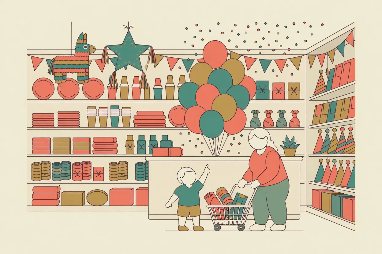 Illustration of a party supply shop: stocked shelves of plates, cups and party hats, hanging piñatas, a big balloon bunch, and a parent and child with a shopping cart