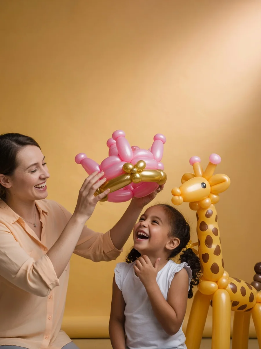 A balloon artist places a twisted pink and gold balloon crown on a giggling girl's head on a golden-yellow studio backdrop