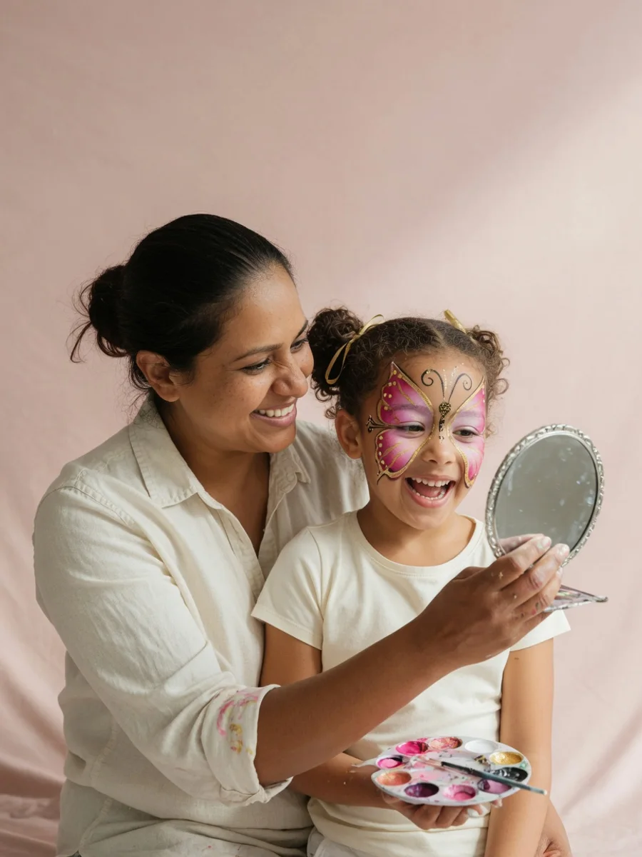 A face painter holds up a mirror as a delighted girl admires her butterfly face paint on a blush pink studio backdrop