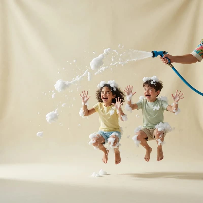 Two laughing children leap through drifting white foam sprayed by a party entertainer on a warm cream studio backdrop
