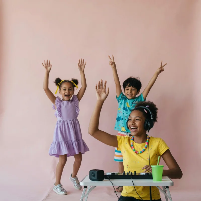 A kids' party DJ in headphones raises a hand as two children dance beside the deck on a blush pink studio backdrop
