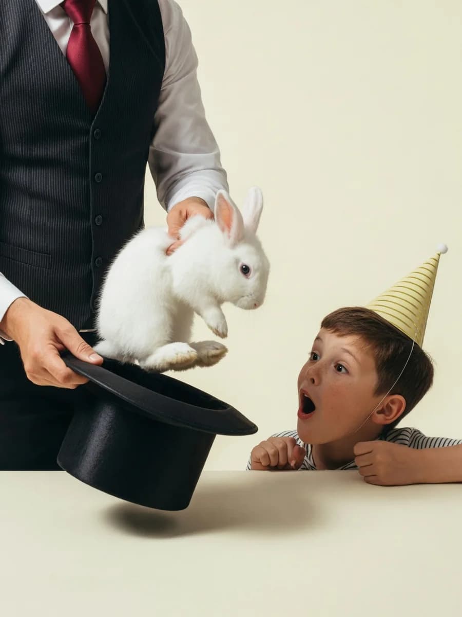 A magician lifts a white rabbit from a top hat as an amazed boy in a party hat leans in on a warm cream studio backdrop