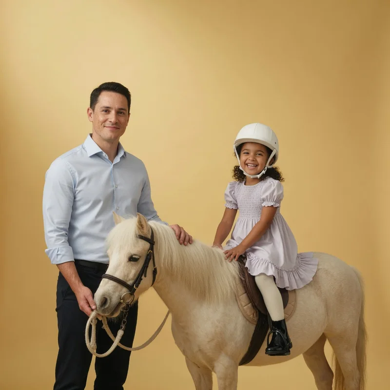 A handler leads a small cream pony carrying a beaming girl in a riding helmet on a golden-yellow studio backdrop