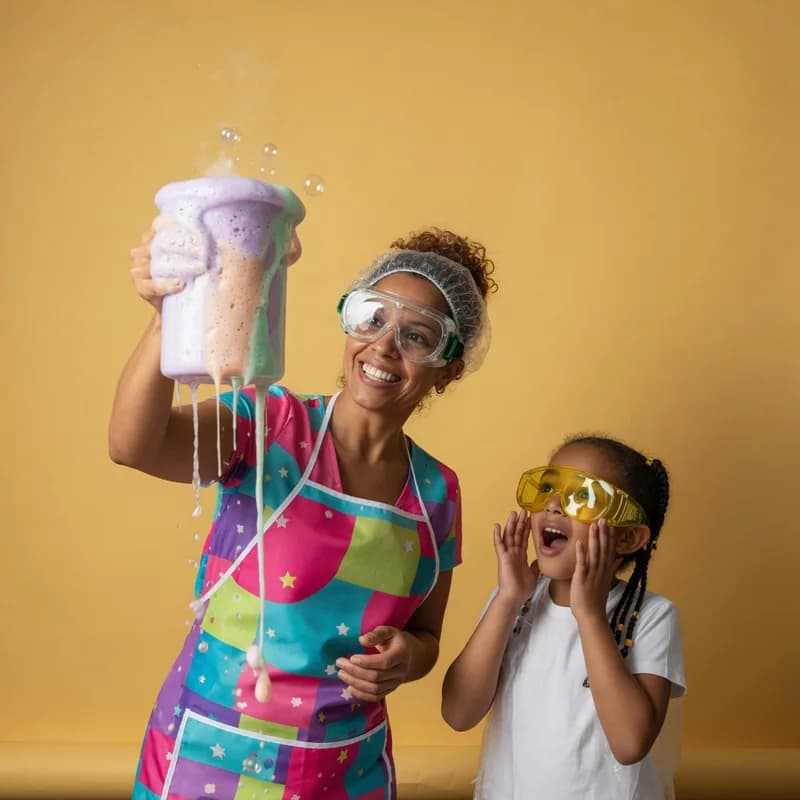 A science party entertainer in goggles holds a beaker fizzing with pastel foam as an amazed child watches on a golden-yellow studio backdrop