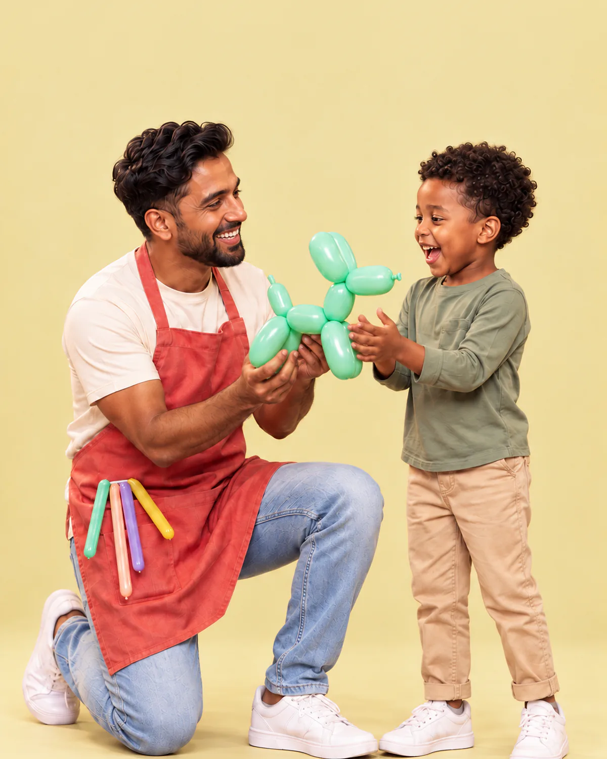 A balloon artist handing a mint-green balloon dog to a delighted boy
