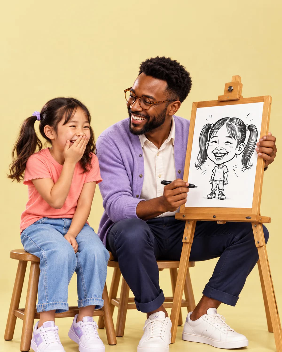 A caricature artist showing a laughing girl her cartoon portrait