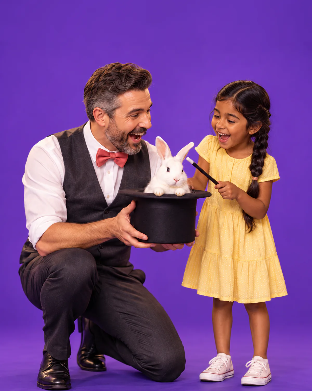A magician holding a top hat with a white rabbit as a girl taps it with a wand