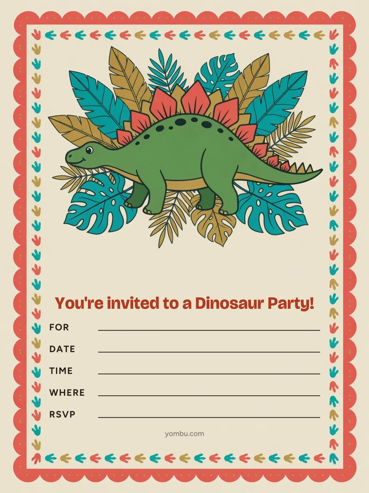 Printable dinosaur party invitation card with a green stegosaurus, paper palm leaves and blank lines for the date, time and address