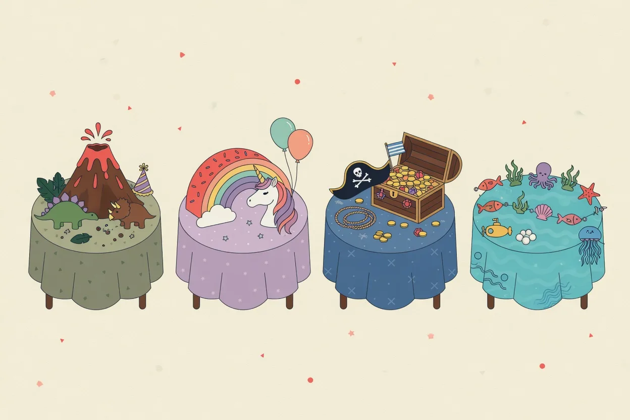 Illustration of several themed party tables side by side: a dinosaur volcano cake, a unicorn rainbow, a pirate treasure chest and an under-the-sea garland